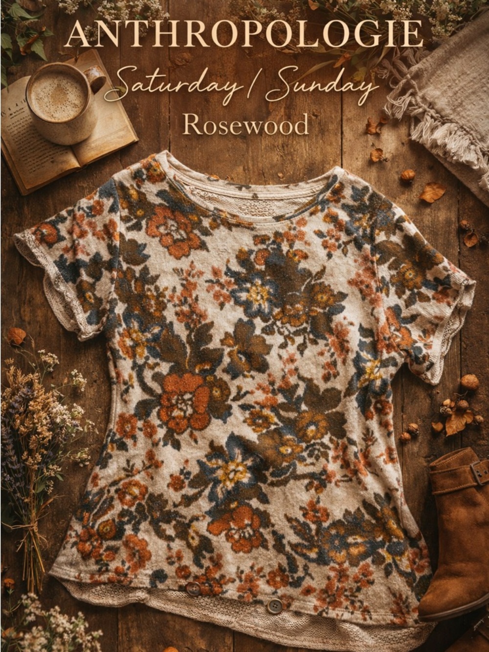 Anthropologie Saturday Sunday Rosewood Floral Terry Tee S Boho Cottagecore